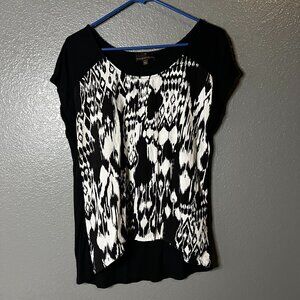 Fenn Wright Manson L Black White Ikat Print Mixed Media Blouse Top